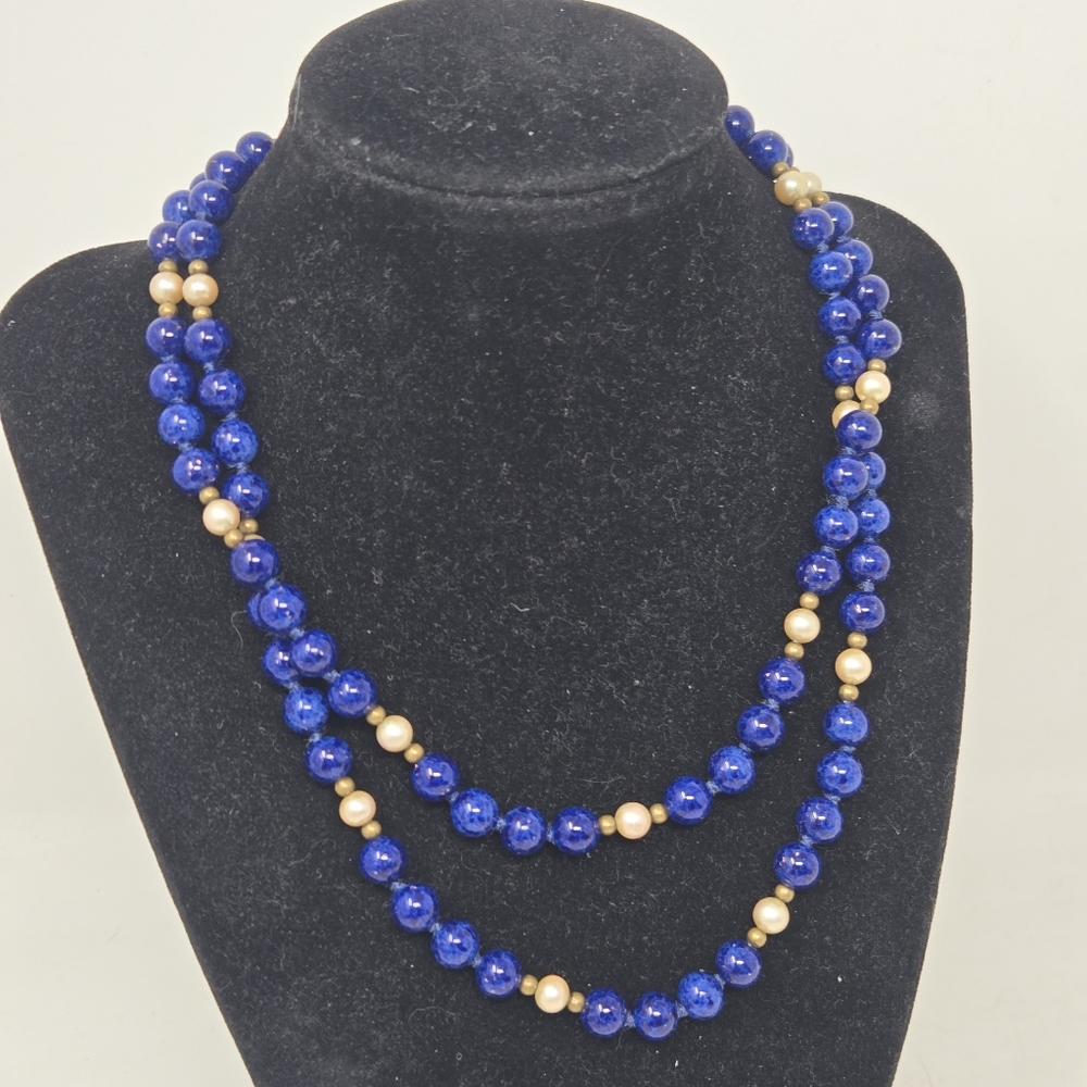 Vintage LES‎ BERNARD Lapis Lazuli and Faux Pearl Double Strand Knotted Necklace